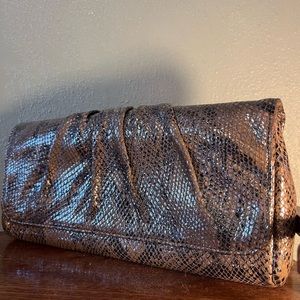 LAUREN MERKIN Caroline metallic snakeskin lambskin leather magnetic clutch purse